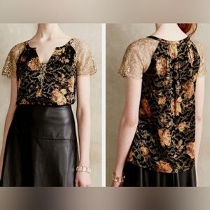 Anthropologie HD In Paris Disa Floral Burnout Top Gold Lace Sleeves